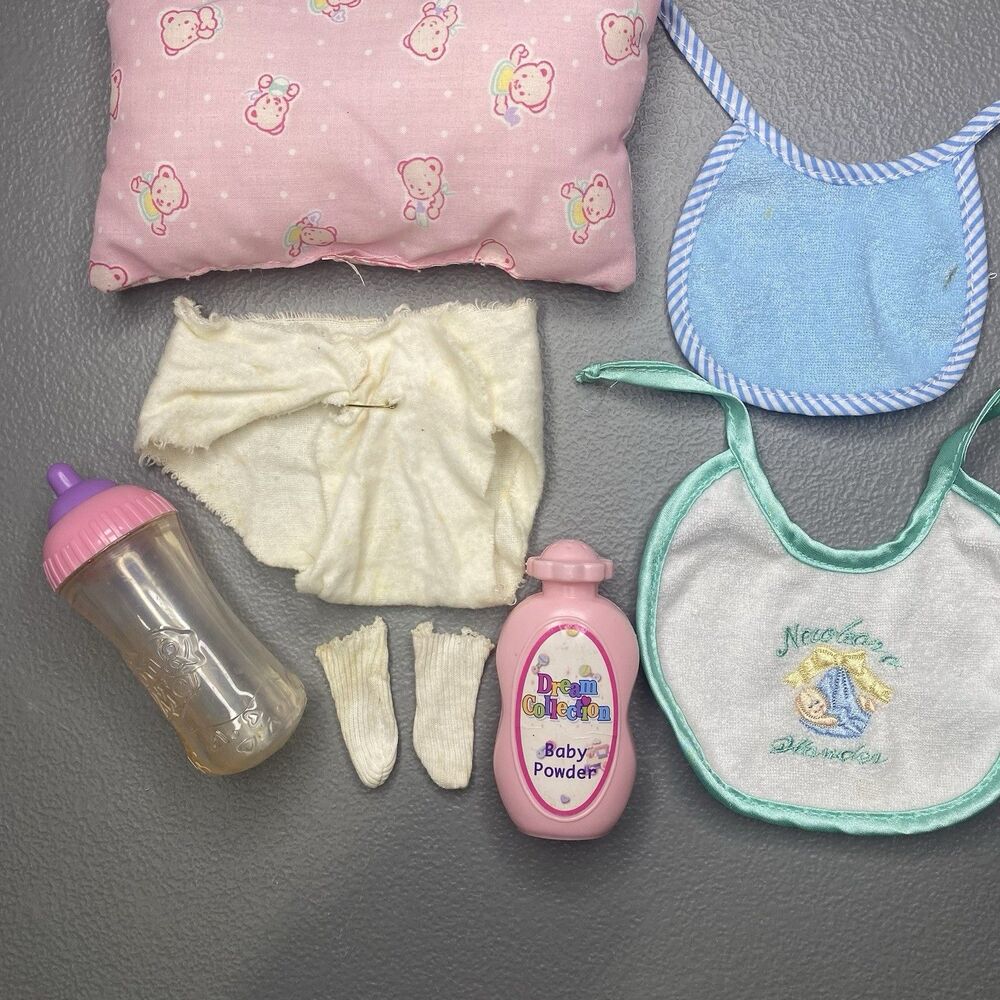 Vintage Doll Nursery Lot Pillow Diaper Newborn Wonders Bib Socks Powder Bottle